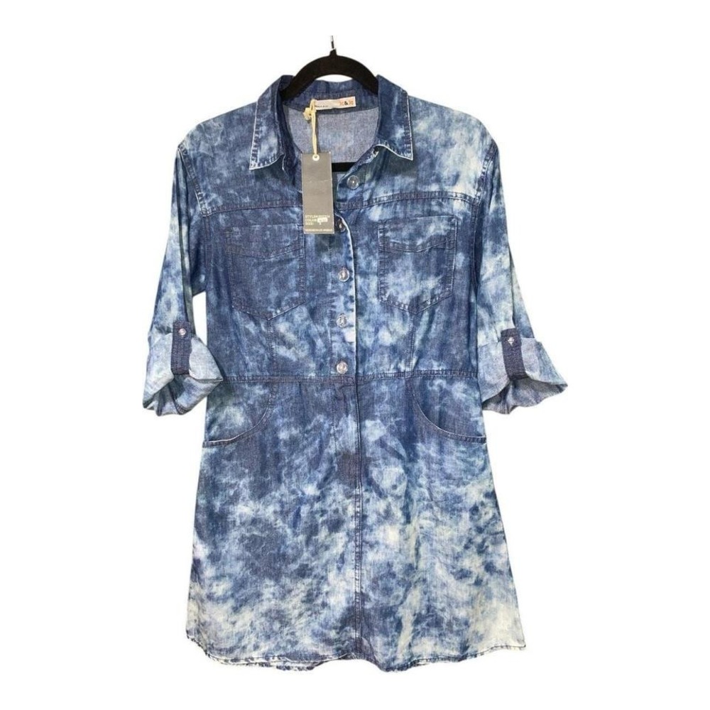 Blue Jean Tie-Dye denim dress 3/4 sleeve Boho hippie vibe shirt dress size small
